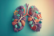 Lungs made of fresh flowers and leafs, on light blue background. Generative AI illustrations.