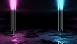 Fototapeta Do przedpokoju - Futuristic blue and pink neon lights interior. Cyber neon laser tubes in garage room hangar. Sci fi dark tunnel warehouse with metal panels wall lighted. Construction corridor 3d Rendering