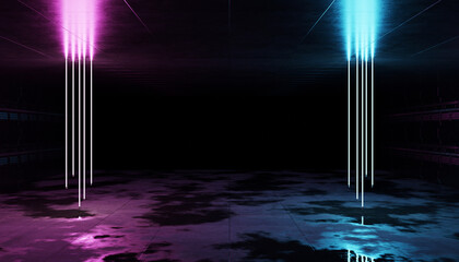 Aufkleber - Futuristic blue and pink neon lights interior. Cyber neon laser tubes in garage room hangar. Sci fi dark tunnel warehouse with metal panels wall lighted. Construction corridor 3d Rendering