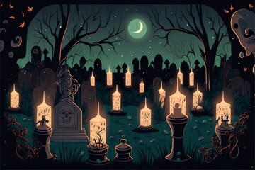 Wall Mural - Candles and tombstones at night with a visible moon
