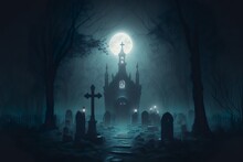 Spooky Graveyard With Several Tombstones And A Crypt Covered With Moss And Vines, Meanwhile Mystical Glowing Fog Fills The Air, In The Full Moon