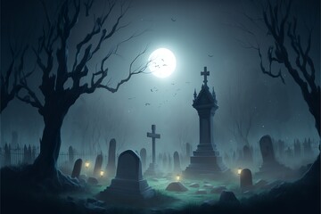 Wall Mural - Spooky graveyard with several tombstones covered with moss and vines, meanwhile mystical glowing fog fills the air, in the full moon