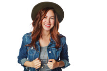 Woman, Portrait Or Fashion Clothes With Hat On Isolated White Background In Cool Brand Marketing On Mockup. Smile, Gen Z Or Model And Denim Jacket, Trendy Or Clothing Ideas On Studio Mock Up Backdrop
