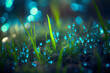 Beautiful realistic digital art of field with blue crystals, shining brightly in a fields of vivid green glowing grass, blur bokeh background.