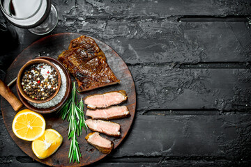 Wall Mural - Grilled beef steak with red wine.