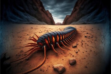 Wall Mural - Giant centipede insect crawling in red rocky desert surface of a cavern with mandibles 