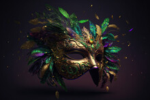 Generative AI Of An Ornate Mask In Gold, Purple, And Green For The Mardi Gras Celebration In New Orleans, Reflecting The Colors And The Spirit Of The Festival