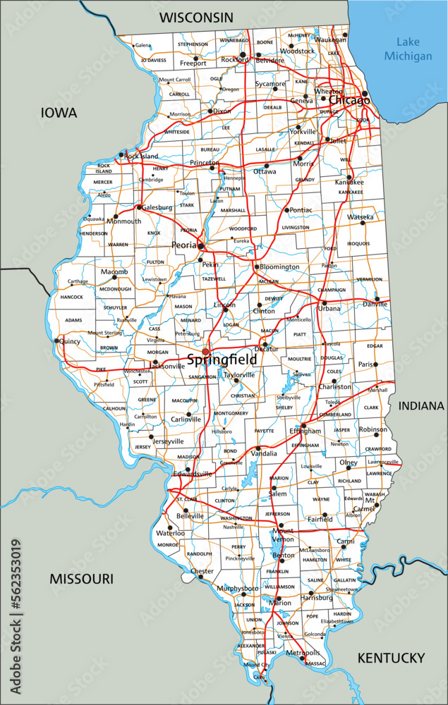 high-detailed-illinois-road-map-with-labeling-stock-vector-adobe-stock for Free Printable Map Of Illinois High detailed Illinois road map with labeling. Stock Vector | Adobe Stock for Free Printable Map Of Illinois