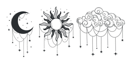 Wall Mural - Sun, moon and cloud, Set of mystical elements for boho, astrology, zodiac. Magic heavenly symbols, line tattoo, vector vintage illustration isolated on white background.