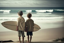 Surfer Young Brothers At Sunset , Ai Generated