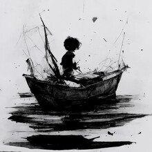 Generative AI Illustration Of Fishing Boat And A Boy With Black And White Colors