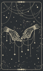 Wall Mural - mystical astrology tarot card, two female hands with jewelry, threads of fate, fortune telling, boho
