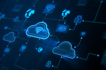 Wall Mural - Data storage and cloud service concept with blue digital iot, electronic icons and technology symbols on dark background. 3D rendering