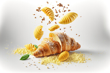 Breakfast croissants with freshly made butter, crushed nuts, and flying crumbs on a white background. Generative AI