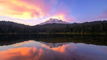 Mt Rainier Reflected In Reflection Lake At Purple Sunset In Washington's Mount Rainier National Park