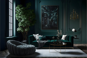 a modern living room in a minimalist millenium crib, high ceiling and filled with This midnight green color as the wall blend in with the design of the furniture. 