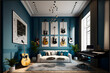 A modern music room, in a minimalist millenium crib, high ceiling and filled with warm blue and khaki colour as the wall blend in with the design of the furniture.	
