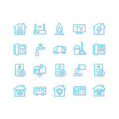 Canvas Print - Public utilities pixel perfect gradient linear vector icons set. Water, gas and electricity supply. House heating. Thin line contour symbol designs bundle. Isolated outline illustrations collection