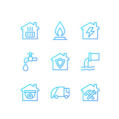 Sticker - Infrastructures pixel perfect gradient linear vector icons set. Water, gas and electricity supply. Waste collection. Thin line contour symbol designs bundle. Isolated outline illustrations collection