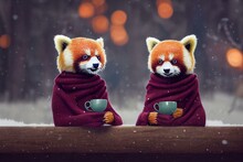 Two Red Pandas Wrapped Up In A Cozy Blanket, Telling Each Other Stories While Drinking Tea In The Winter Forest. Created With Generative AI Technology.