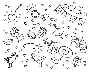 Love doodle set, hand-drawn romantic design elements. Passionate feelings,festive decoration for Valentine's Day, drawing by ink, pen,marker.Isolated.Vector