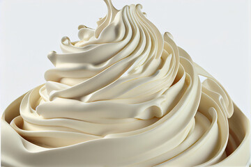 Whipped cream, silky smooth and swirled dessert, macro close-up, isolated on white background, generative ai