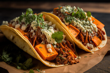Wall Mural - Meat, sweet potato, and cotija cheese tacos from Mexico. Generative AI