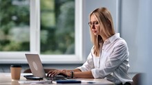 Confident Business Woman Boss Working Laptop Desk At Office Thinking Analyzing Development Strategy