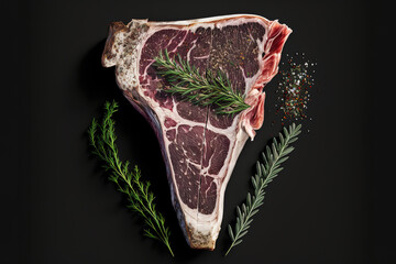 Wall Mural - Raw T bone or porterhouse beef that has been dry aged Salt and herbs on a steak. the color black looking up. Generative AI