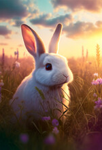 Cute Bunny Rabbit Sitting In A Dreamy Field At Easter During The Spring Season, Generative AI Stock Illustration Image