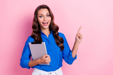 Sticker - Photo of positive adorable lady wear blue stylish clothes arm presenting empty space offer proposition isolated on pink color background