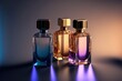 Collection of transparent multi color glass perfume bottles on a light background. Art composition still life. Stylish parfumerie banner. Generative AI.