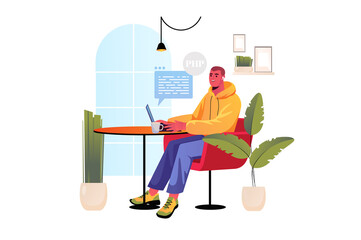 programming concept with people scene in flat design. freelancer develops applications and programs 