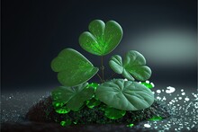  A Plant With Leaves On A Rock With Water Droplets On It And A Black Background With A Green Glow On It And A Black Background With A Black Background With A Light And A Spot., Generative Ai