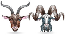 A Set Of Stained Glass Items, Stained Glass With Animal Heads, A Ram And A Goat , Isolates On White Background
