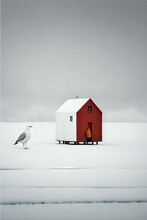  A Bird Standing In Front Of A Red Barn On A Snowy Day With A White Building In The Background And A Person Standing In The Foreground With A Yellow Coat On The Snowboard., Generative Ai