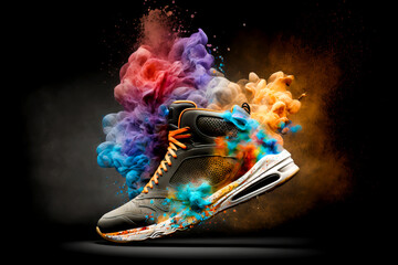 Wall Mural - Black shoe on abstract multicolor smoke explosion background. Colorful smoke clouds with sneaker on black background. Fashion or sport texture. Generative AI colorful sport design element.