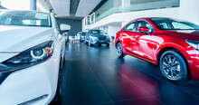 White Car Parked In Luxury Showroom. Car Dealership Office. New Car Parked In Modern Showroom. Car For Sale And Rent Business Concept. Automobile Leasing And Insurance Concept. Electric Vehicle.