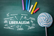 Liberalism. Illustrated chart with key words and icons on a green chalk background