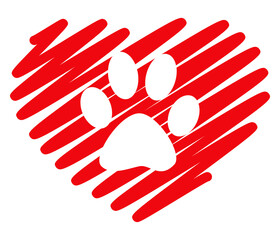 Wall Mural - Logo pet friendly. Icono aislado corazón lineal con zarpa de perro o gato en espacio negativo. Corazón relleno de garabato