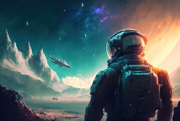 Wall Mural - close up astronaut with universe gradient color sky as background idea for sci-fi theme background o