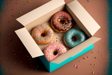 Wall Mural - Donuts in a box. Colorful glazed doughnuts in an open carton box, sprinkles decoration. AI generative