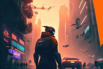 Wall Mural - an astronaut in spacesuit stand in front of big building background, idea for sci-fi cyber punk them