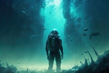 Anime Style Illustration Of  A Man In Wet Diving Suit, Standing Under Water In Front Of A Stone Pillar The Entrance To Unknown Place, Wreck Ship,  Generative  Ai