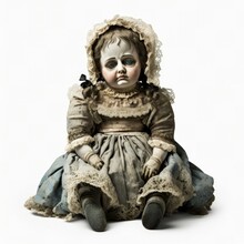 Haunted Cursed Victorian-style Creepy Doll Isolated On A White Background, Generative Ai