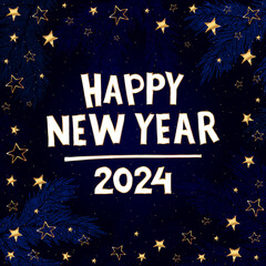 Wall Mural - Happy New Year 2024. Festive blue banner of bright color with a stylized inscription, stars and blue fir branches. Vector illustration.