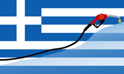 Rise in gasoline prices concept in Greece. Gasoline fuel pump nozzle with drop oil on Greece flag background. Growth bar chart prices. vector illustration