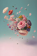 Wall Mural - Cloud creative love concept of fresh Spring flowers in the sky background. Love, happy Valentine's Day an exploding bouquet. Pastel blue background. Illustration. Generative AI.