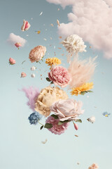 Wall Mural - Cloud creative love concept of fresh Spring flowers in the sky background. Love, happy Valentine's Day an exploding bouquet. Pastel blue background. Illustration. Generative AI.