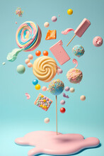 Creative Delicious Dessert Concept Of Sweet Candy And Lollipops In The Cloud Sky Background. Explosion Of Taste In Pastel Colors. Pastel Blue Background. Illustration. Generative AI.